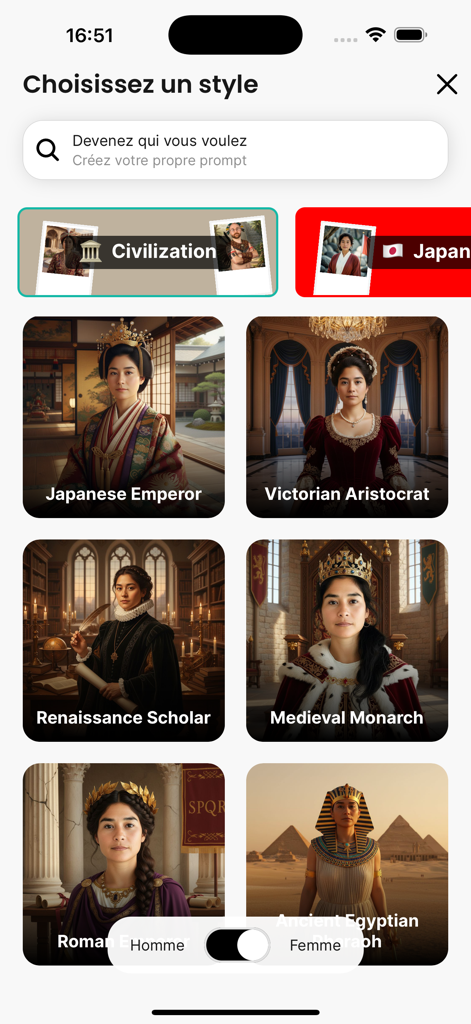 Photobooth AI - Interfaz de la aplicación Photobooth AI mostrando una selección de estilos de retrato históricos que incluyen Emperador Japonés y Aristócrata Victoriano