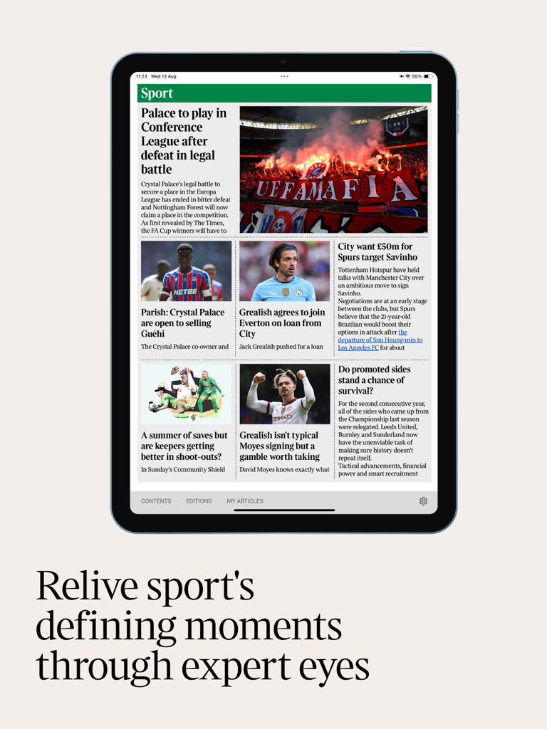 The Times and The Sunday Times - iPad mostrando la sección deportiva de la aplicación The Times con titulares y fotos de partidos y jugadores de fútbol profesional