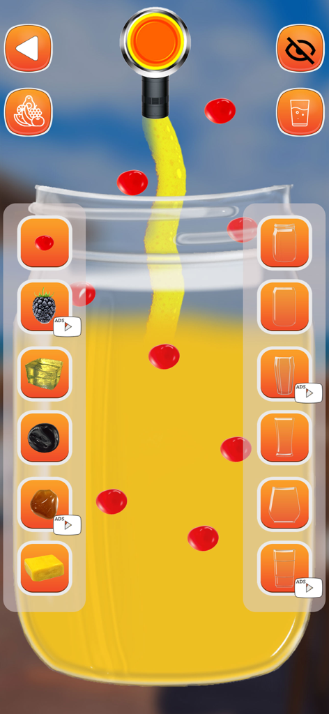 Boba DIY Game: Tasty Milk Tea - Una captura de pantalla del juego de Boba DIY Tasty Milk Tea mostrando un frasco de vidrio llenándose con jugo amarillo y cubiertas de cereza roja con menús laterales para personalizar
