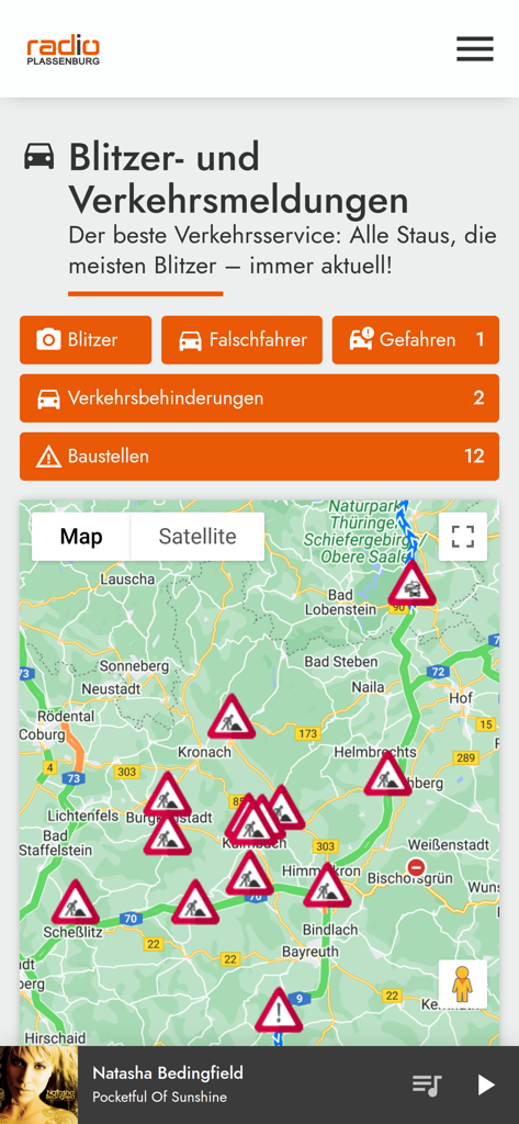 Interface do aplicativo Radio Plassenburg exibindo um mapa de tráfego com alertas de radar e obras