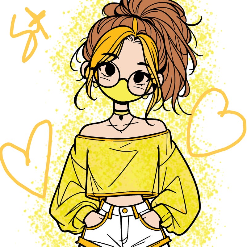 girl with a messy ponytail glasses a baggy crop top and jean shorts