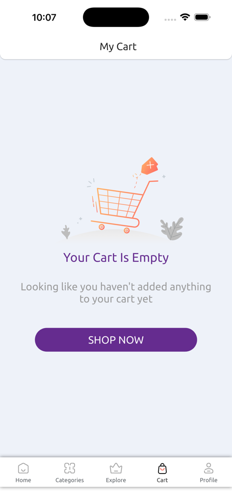 AfnoBazar Online Shopping App - Pantalla de carrito de compras vacío en la aplicación AfnoBazar con un botón Comprar ahora