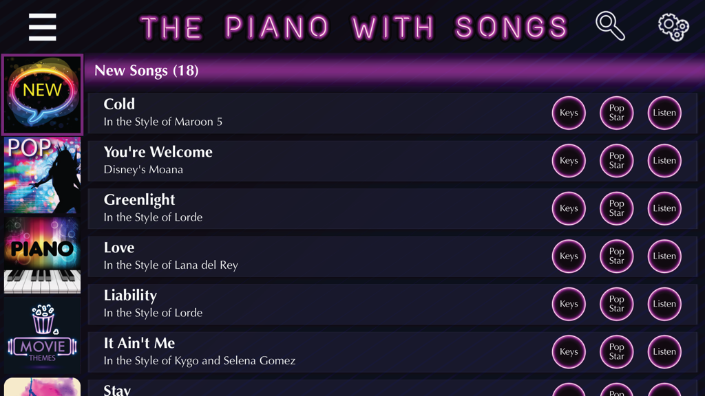 Piano With Songs- Learn to Play Piano Keyboard App - Una schermata della libreria dell'app Piano With Songs che mostra un elenco di nuove canzoni e categorie musicali come Pop e Colonne Sonore