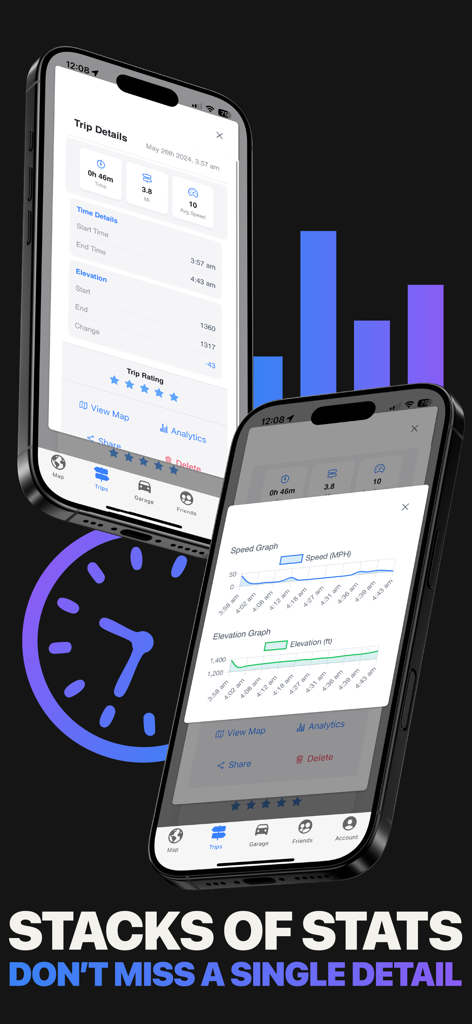 Offroadin’: Trail Maps & GPS - Two smartphones displaying trip details and detailed speed and elevation graphs within the Offroadin app.