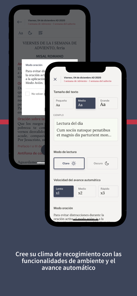 Liturgia de las Horas CEE - Menu de personalização para tamanho da fonte e modo de leitura no aplicativo Liturgia das Horas CEE.