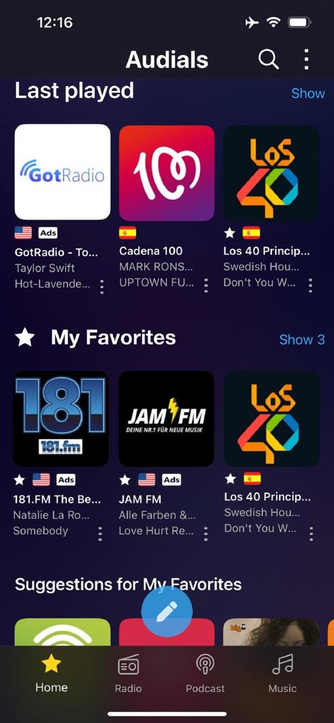 Audials Play - Radio & Podcast - Interface of the Audials Play app displaying recently played and favorite radio stations on a dark background