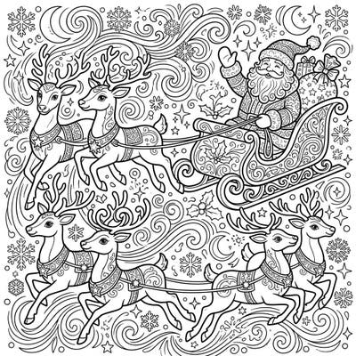 Prepare for a whimsical flight with this intricate coloring page featuring Santa Claus and his majestic team of reindeer. Dive into a world of festive patterns, swirling snow, and twinkling stars, perfect for a cozy holiday coloring session.