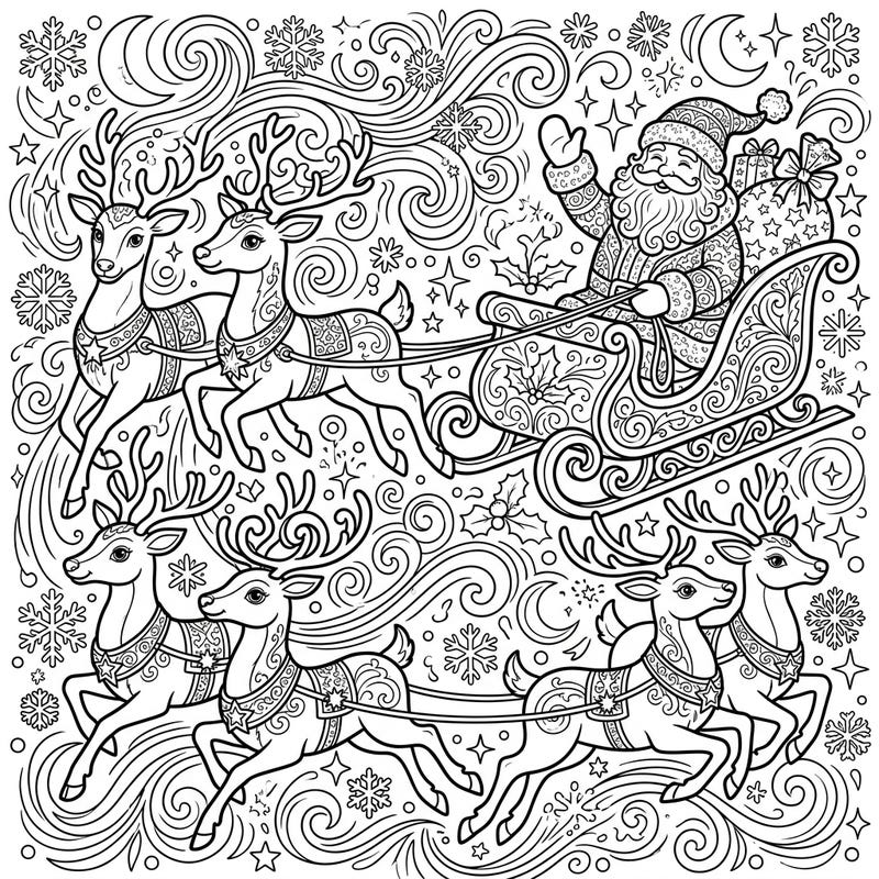 Prepare for a whimsical flight with this intricate coloring page featuring Santa Claus and his majestic team of reindeer. Dive into a world of festive patterns, swirling snow, and twinkling stars, perfect for a cozy holiday coloring session.