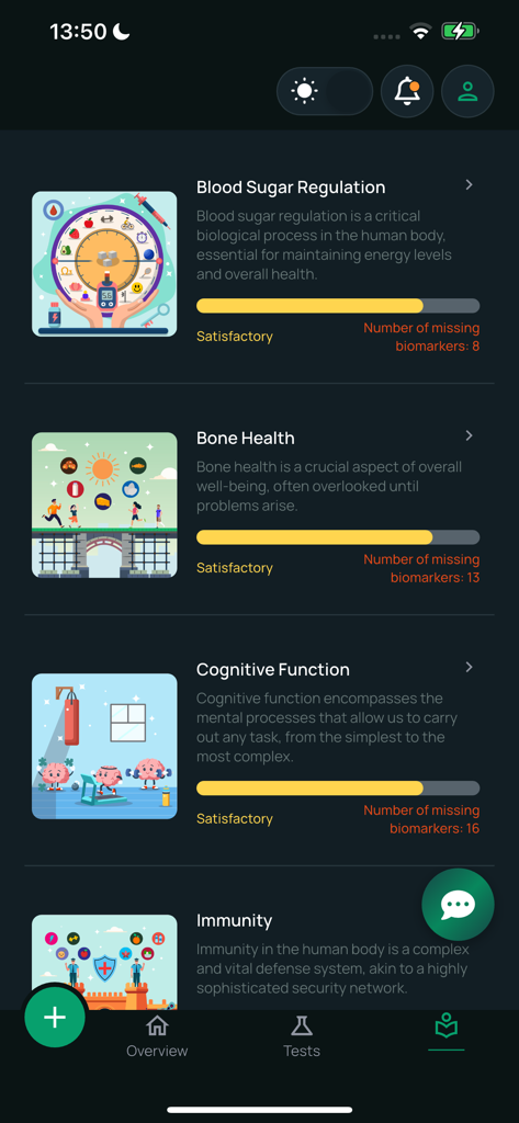 Health3: Blood Work Tracker - Health3 app interface showing blood sugar regulation, bone health, and cognitive function tracking categories.