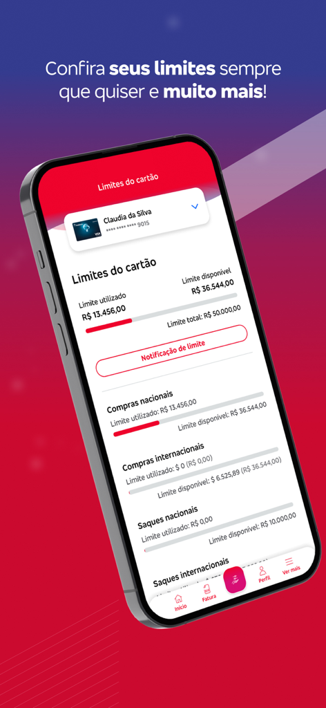 Bradesco Cartões PJ - Interfaz de la aplicación Bradesco Cartoes PJ mostrando los límites de la tarjeta de crédito corporativa para compras nacionales e internacionales