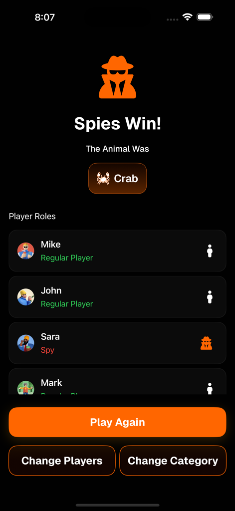WHO'S THE SPY - منو الجاسوس - Game results screen for Whos the Spy showing the secret word and player roles
