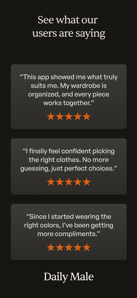 Color analysis - Daily Male - Captura de pantalla que muestra testimonios positivos de usuarios y calificaciones de cinco estrellas para la aplicación de análisis de color Daily Male