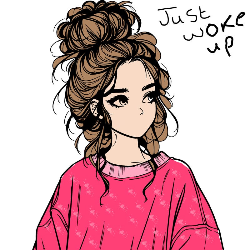 realistic girl with messy bun and oversized clothing