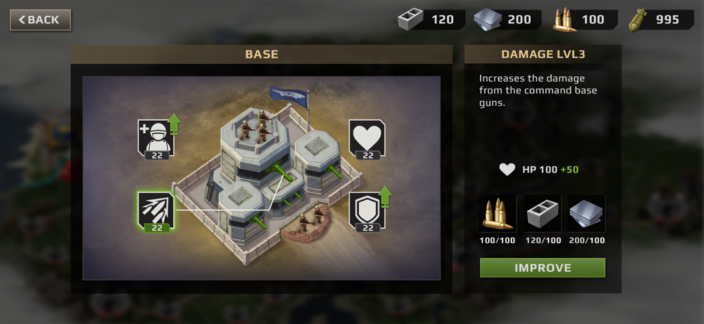 A tactical menu in a WWII strategy game showing options to upgrade a military base's damage, health, and defensive stats using collected resources.