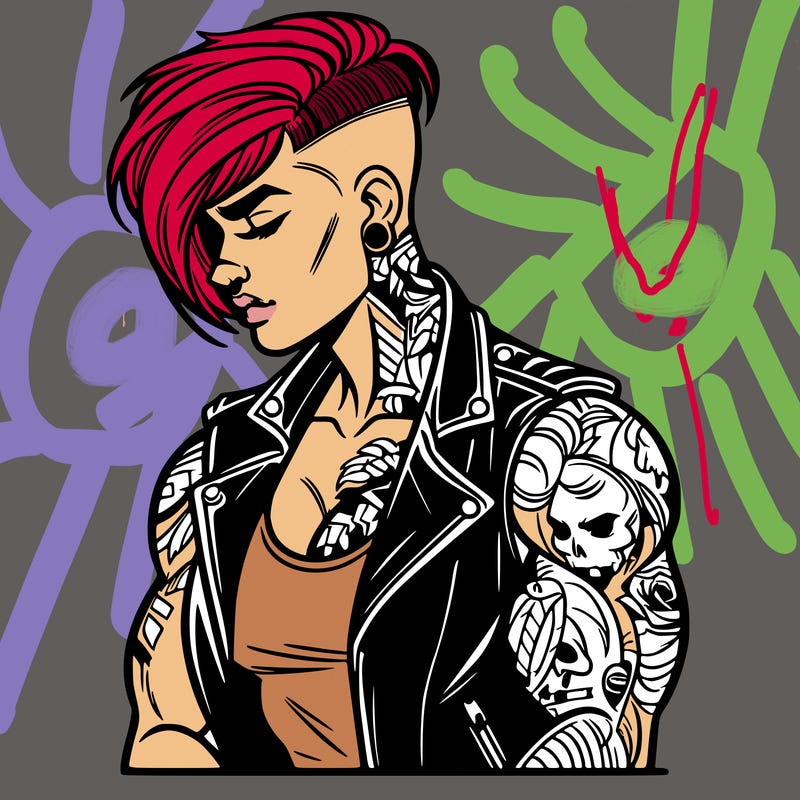 muscle woman with undercut fade and heavily covered in tattoos. wearing a leather jacket