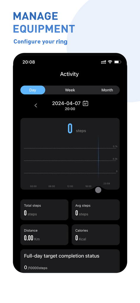 Interfaz de la aplicación QRing que muestra el recuento diario de pasos y estadísticas de actividad