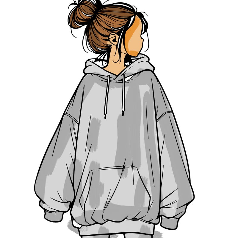 realistic girl with a oversized sweatshirt on and a bun