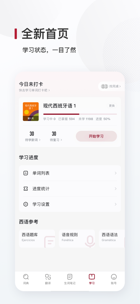 西语背单词 - A interface da página inicial do aplicativo de vocabulário espanhol mostrando o progresso do estudo e estatísticas para o espanhol moderno 1.