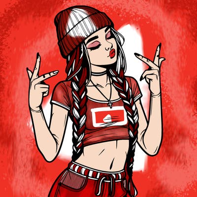 realistic teenage girl with braids and a beanie and crop top doing 🫶🏼