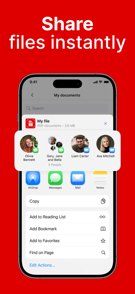 PDFドキュメントのインスタントファイル共有メニューと連絡先ショートカットを表示するiPhone画面。