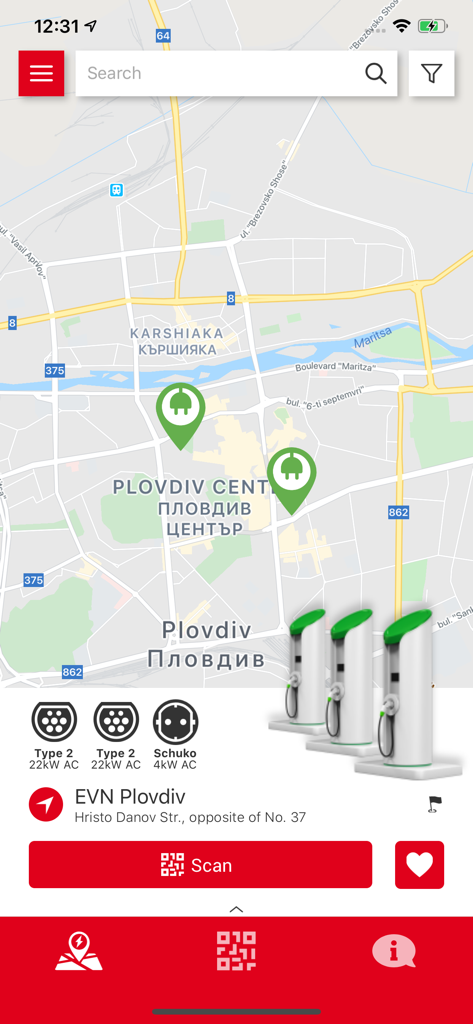 EVN2GO - L'app EVN2GO mostra le stazioni di ricarica per veicoli elettrici su una mappa a Plovdiv con dettagli della stazione e pulsante di scansione