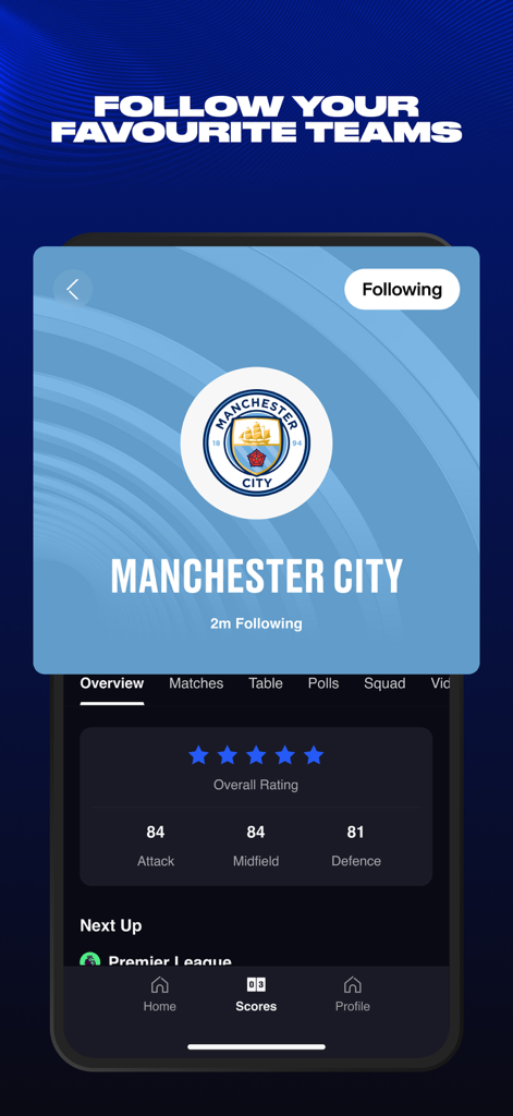 EA SPORTS App: Soccer & more - EA SPORTS App interface showing Manchester City team overview and statistics like attack and defense ratings
