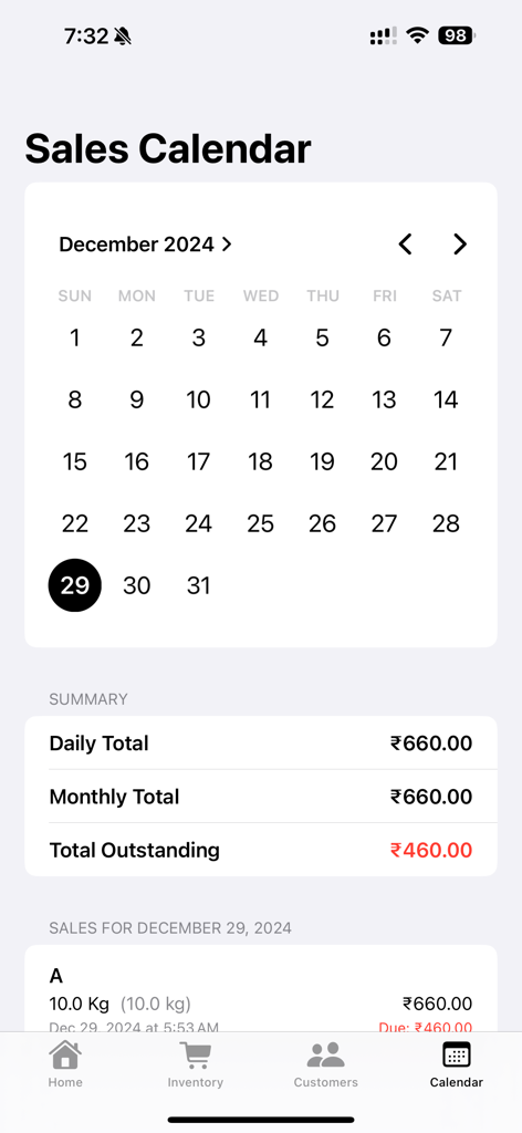 coconutLedgerAssistant - Interfaz del calendario de ventas que muestra los totales diarios y el resumen de ingresos mensuales para el negocio mayorista de coco