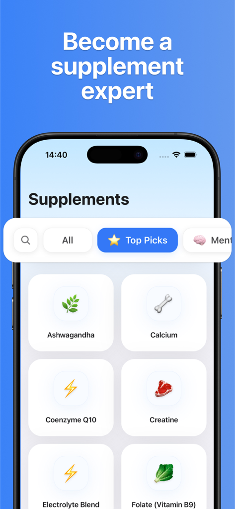 Supplements AI app interface showing a list of health supplements including Ashwagandha and Calcium
