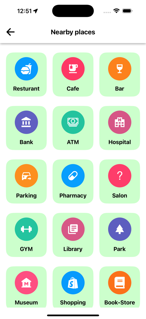True Caller - Caller Id - La pantalla de lugares cercanos en la aplicación True Caller ID que muestra una cuadrícula de categorías como restaurante, banco y farmacia.