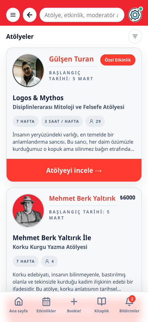 Book.Love - 책 관련 워크샵 및 커뮤니티 이벤트 목록을 표시하는 Book Love 앱의 모바일 인터페이스