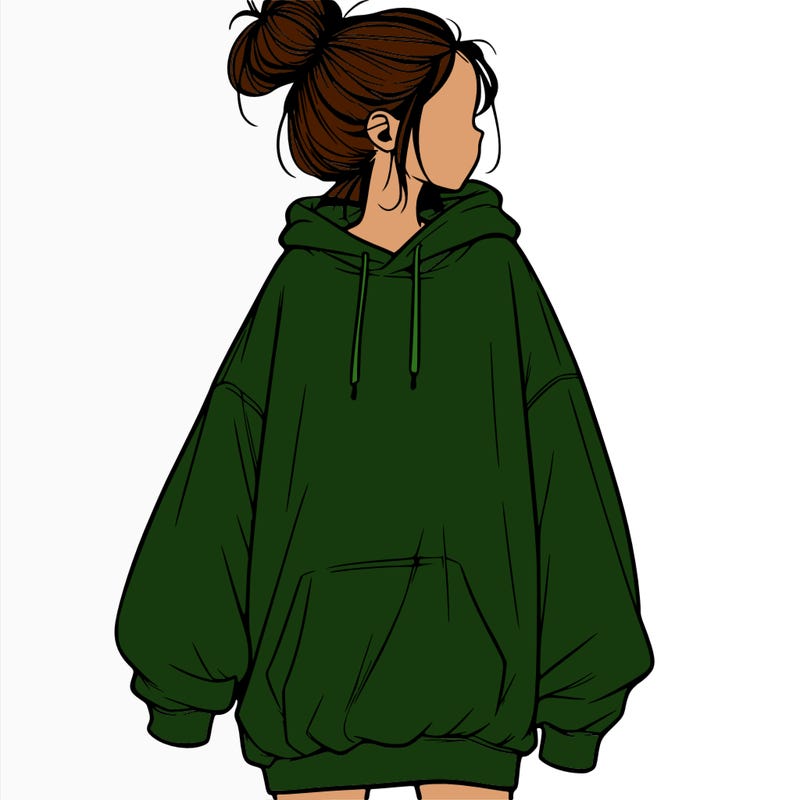 realistic girl with a oversized sweatshirt on and a bun