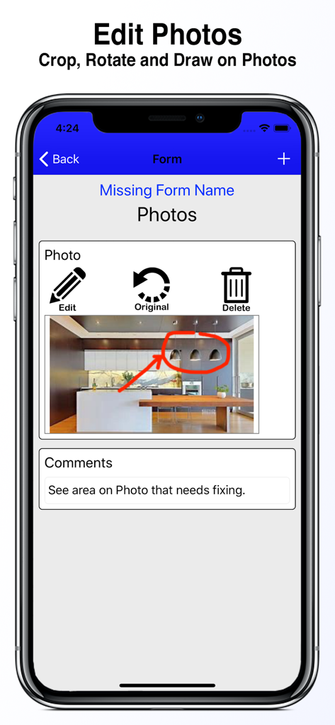 Captura de tela do aplicativo Forms mostrando recursos de edição e anotação de fotos para inspeções de campo profissionais.