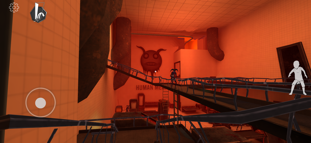 Nightmare Gate: Horror Game - First person view of a creepy industrial chamber with a monster mural in Nightmare Gate horror game.