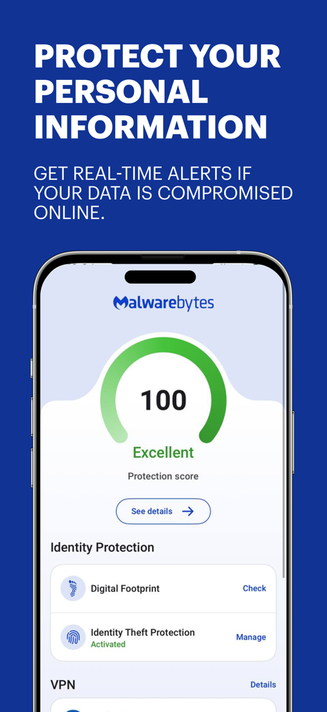 Malwarebytes mobile app dashboard showing an excellent protection score and identity theft protection settings.