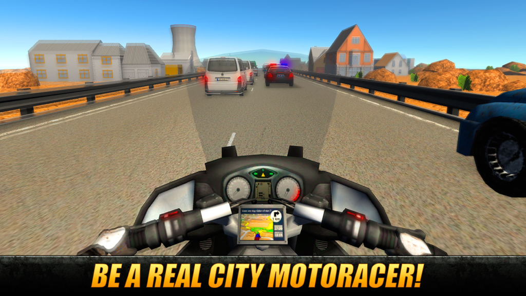 Moto Traffic Rider 3D: Speed City Racing - Vista en primera persona de una motocicleta corriendo a través del tráfico de la autopista urbana