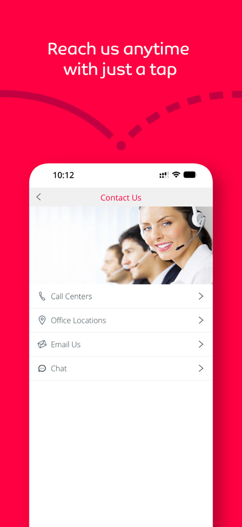 Écran de contact de l'application Air Arabia montrant les options de support client telles que les centres d'appels, les emplacements des bureaux, l'e-mail et le chat.
