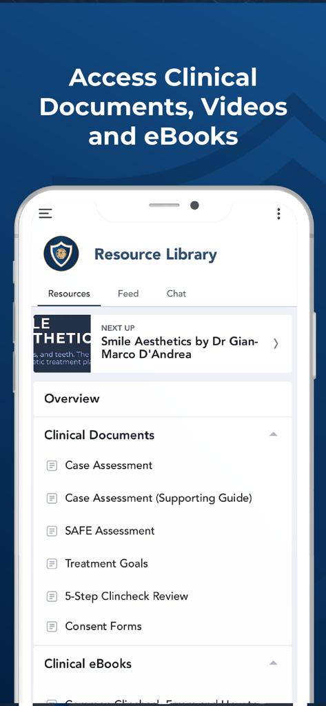 Aligner Dental Academy - Ein Smartphone, das die Ressourcenbibliothek der Aligner Dental Academy mit einer Liste klinischer Dokumente für Allgemeinzahnärzte anzeigt