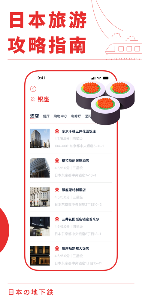 Interface de l'application affichant les recommandations d'hôtels à Ginza pour les voyageurs au Japon.