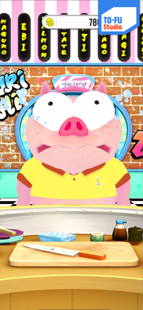 TO-FU Oh!SUSHI 2 - Funny pink pig character with wide eyes in a colorful sushi kitchen simulator