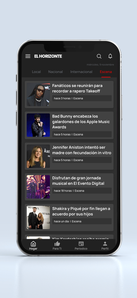 Entertainment news section in Spanish on the El Horizonte mobile app display