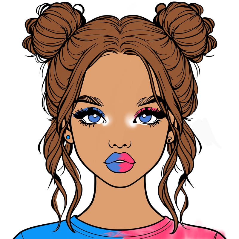 realistic girl with two buns in hair and lips