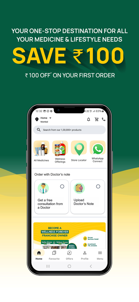 Tela inicial do aplicativo de farmácia Wellness Forever mostrando pesquisa de medicamentos e opções de consulta médica