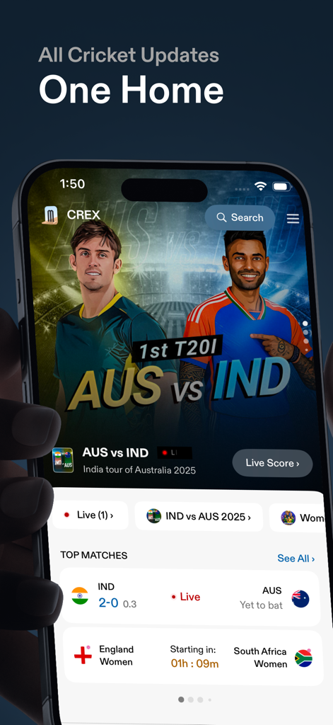 Home screen of the CREX cricket app showing live match updates and scores