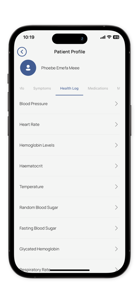 My.Doctor - Bildschirm mit dem Patientenprofil in der My.Doctor-App, der den Reiter Gesundheitsprotokoll mit einer Liste medizinischer Kennzahlen wie Blutdruck und Herzfrequenz anzeigt