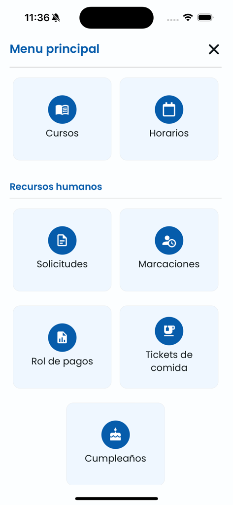 Ecotec NBS+ - Main menu of the Ecotec NBS app featuring sections for academic courses schedules and human resources services