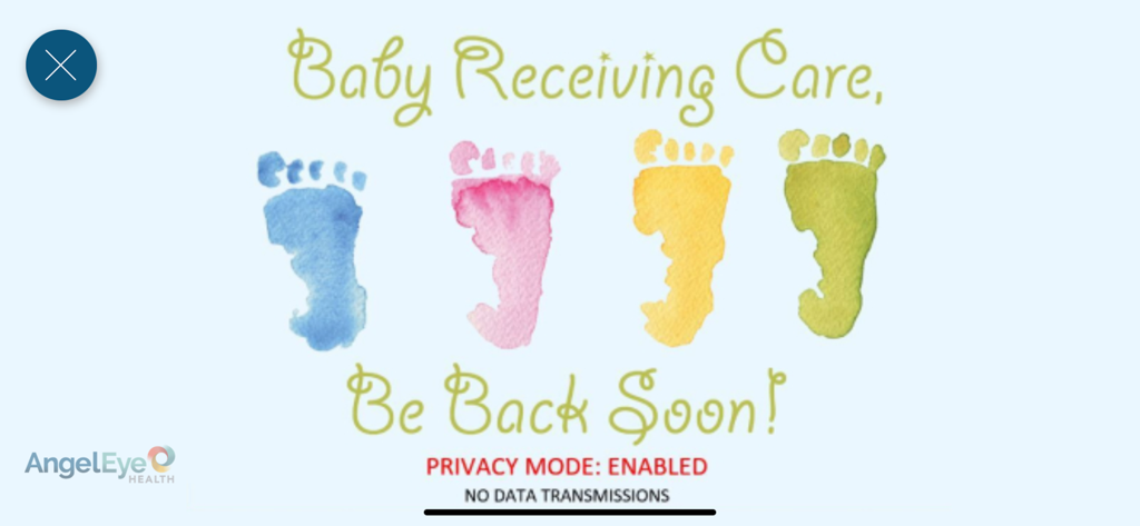 Angel Eye Mobile app privacy mode screen showing a message that the baby is receiving care with colorful footprints.