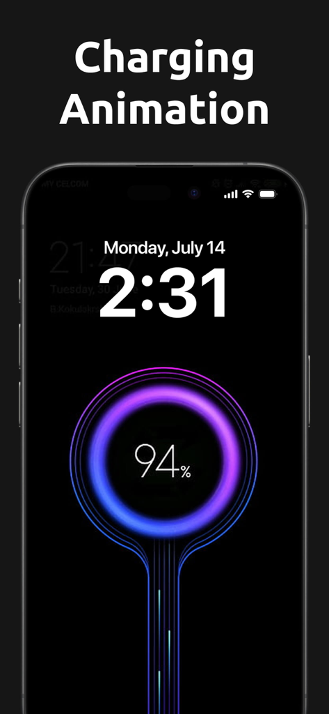 Wallpapers HD, 4K & Live - Pantalla de bloqueo de iPhone con una animación de carga de anillo de neón brillante con porcentaje de batería