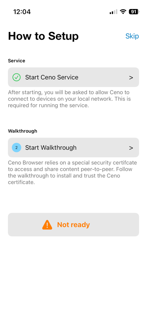 Ceno Browser - Pantalla de configuración de Ceno Browser mostrando los pasos para iniciar el servicio P2P y el tutorial del certificado de seguridad.