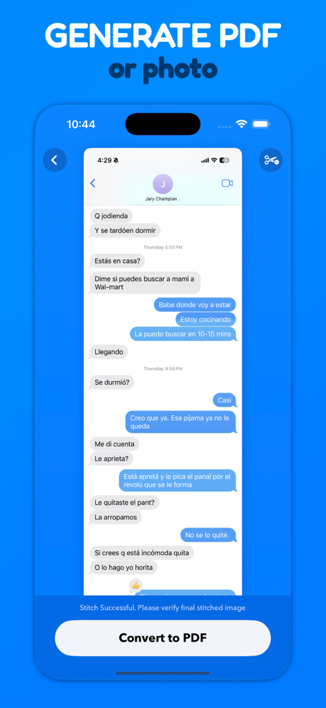 Mobile app interface showing stitched chat messages with a button to convert them into a PDF document