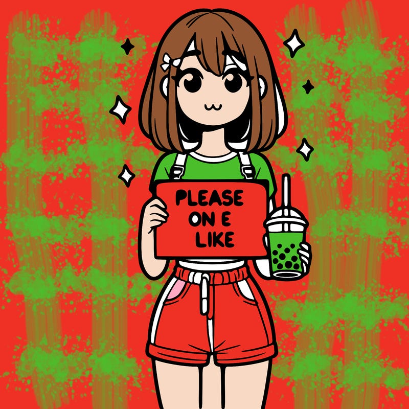 a girl that is holding a sign that says please one like that’s holding a boba in her hands